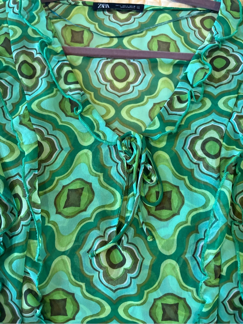 Zara Green Multi-Pattern Ruffle Tie-Neck Blouse - Picture 2 of 4